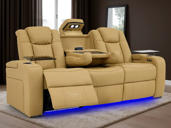 3 Seater Real Leather Power Recliner Sofa in Tan | Cinema Sofa with USB Charging, Cup Holders, Storage, LED Lights & Massage | Capri | The Sofa Shop