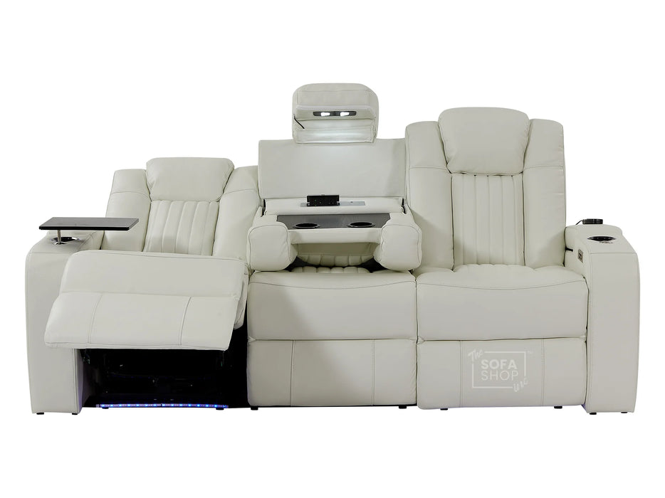 Electric Recliner Cinema Sofa 3 Seater in White Real Leather with USB Ports, Cup Holders, and Wireless Charger - Capri