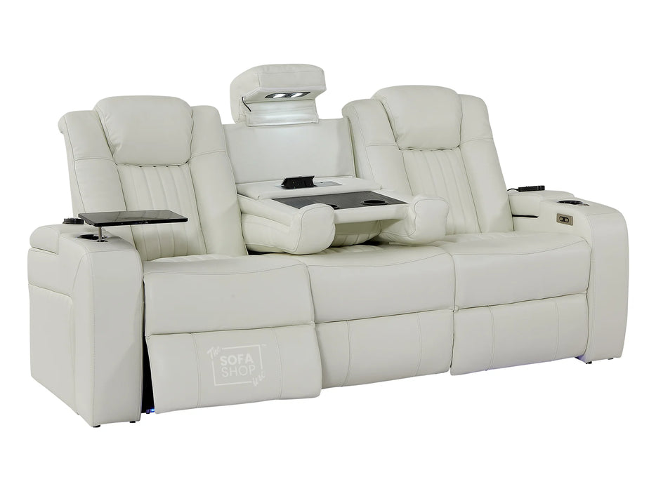 Electric Recliner Cinema Sofa 3 Seater in White Real Leather with USB Ports, Cup Holders, and Wireless Charger - Capri