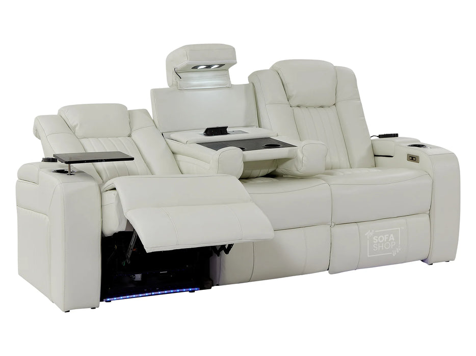 Electric Recliner Cinema Sofa 3 Seater in White Real Leather with USB Ports, Cup Holders, and Wireless Charger - Capri