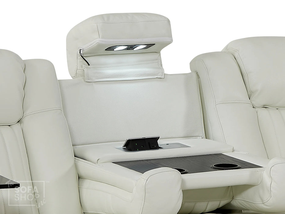 Electric Recliner Cinema Sofa 3 Seater in White Real Leather with USB Ports, Cup Holders, and Wireless Charger - Capri