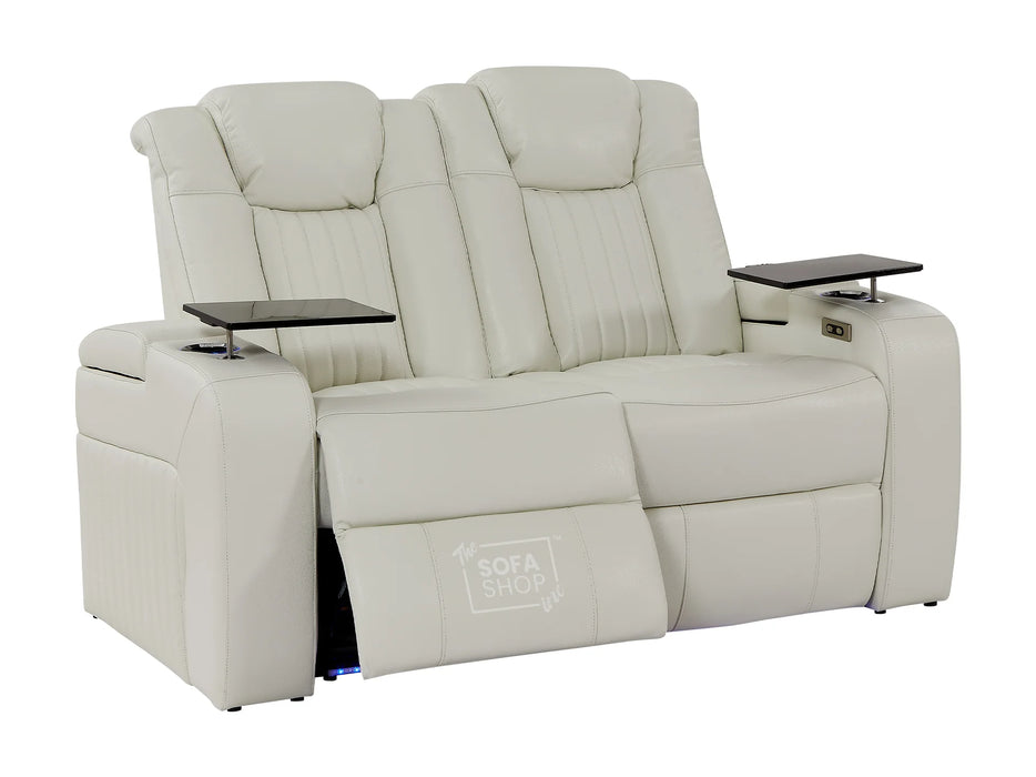 Electric Recliner Cinema Sofa 3 Seater in White Real Leather with USB Ports, Cup Holders, and Wireless Charger - Capri