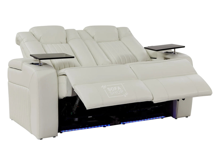 Electric Recliner Cinema Sofa Set 3 2 1 in White Real Leather with Cup Holders, Storage Boxes, and USB Ports - Capri