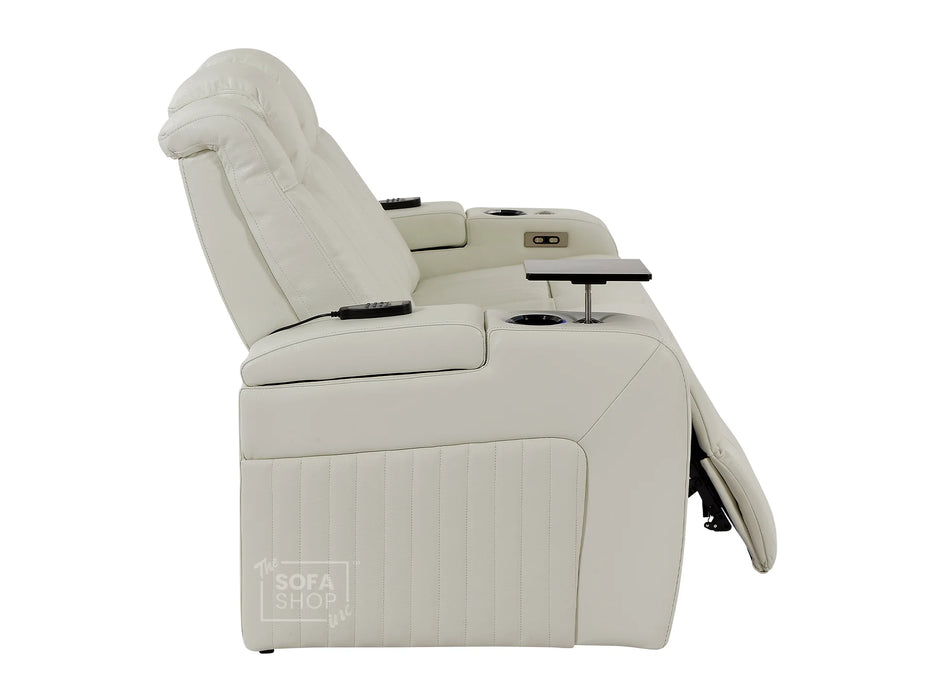 Electric Recliner Cinema Sofa 3 Seater in White Real Leather with USB Ports, Cup Holders, and Wireless Charger - Capri