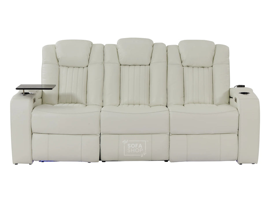 Electric Recliner Cinema Sofa 3 Seater in White Real Leather with USB Ports, Cup Holders, and Wireless Charger - Capri