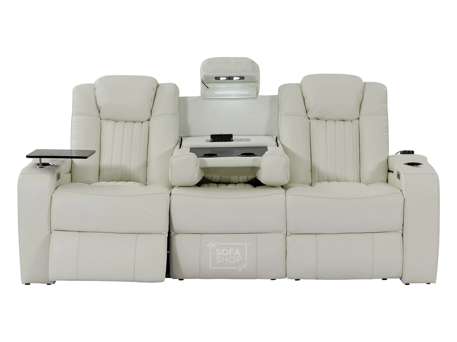 Electric Recliner Cinema Sofa 3 Seater in White Real Leather with USB Ports, Cup Holders, and Wireless Charger - Capri