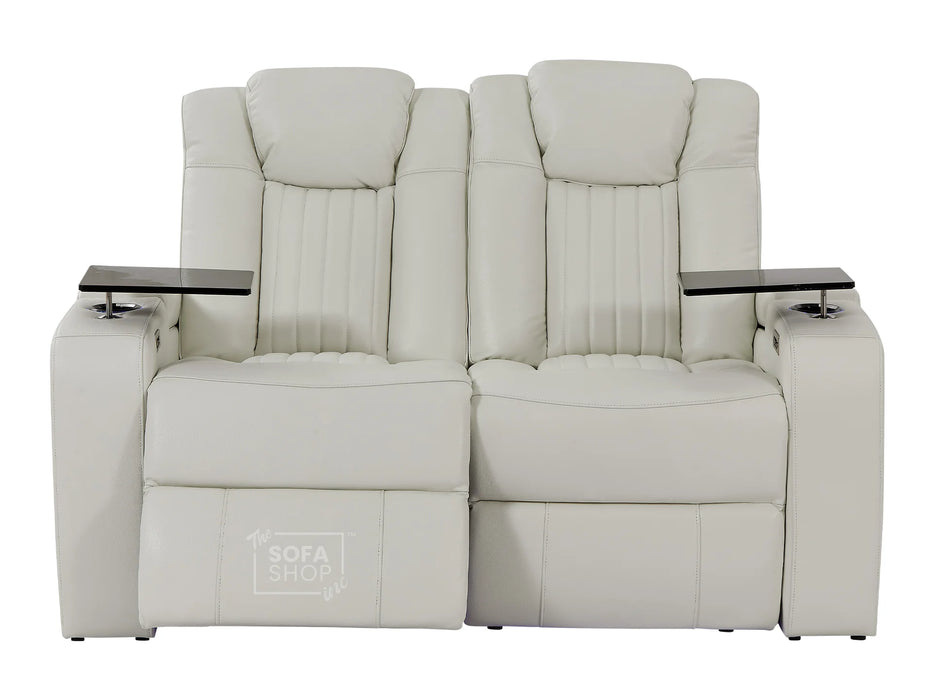 2 Seater Electric Recliner Smart Cinema Sofa in White Real Leather with Power, Massage, Console, and Adjustable Headrest- Capri