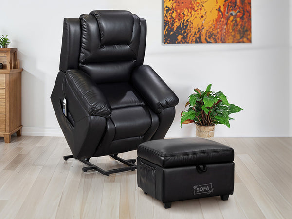 Riser Chair and Footstool in Black Leather - Vancouver
