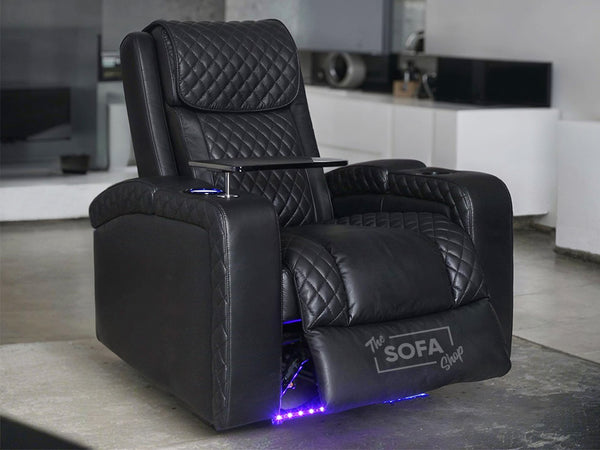 1 Seat Electric Recliner Chair Home Cinema Sofa | Real Leather Chair in Black + Power Headrest + Lumbar Support + Heat & Chill Cupholder + Table | Torino | The Sofa Shop