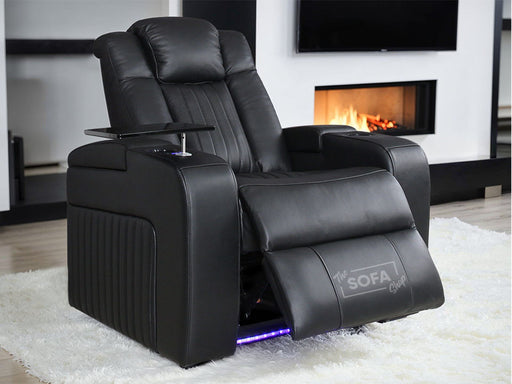 Electric Recliner Chair & Cinema Seat in Black Leather + Massage + Cup Holders + Table - Capri