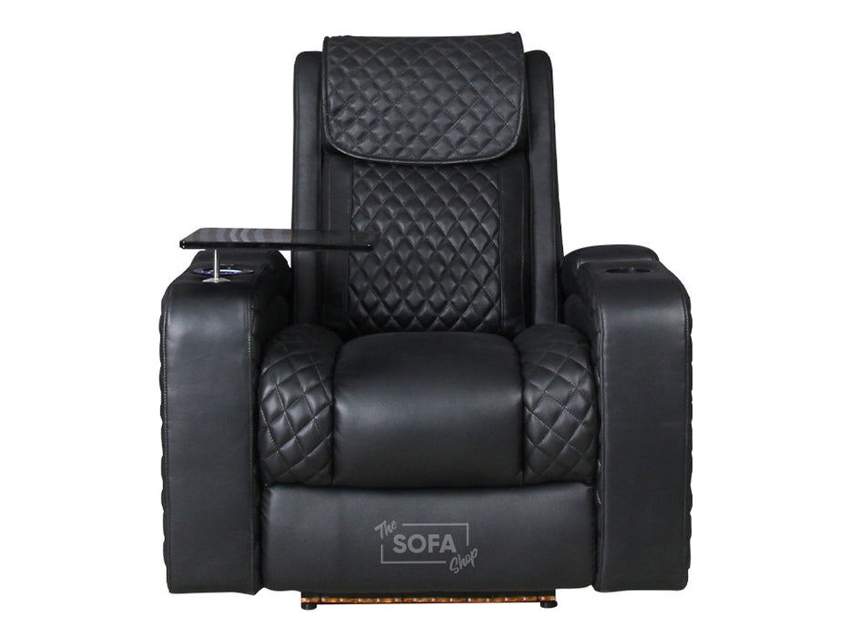 1 Seat Electric Recliner Chair Home Cinema Sofa | Real Leather Chair in Black + Power Headrest + Lumbar Support + Heat & Chill Cupholder + Table | Torino | The Sofa Shop