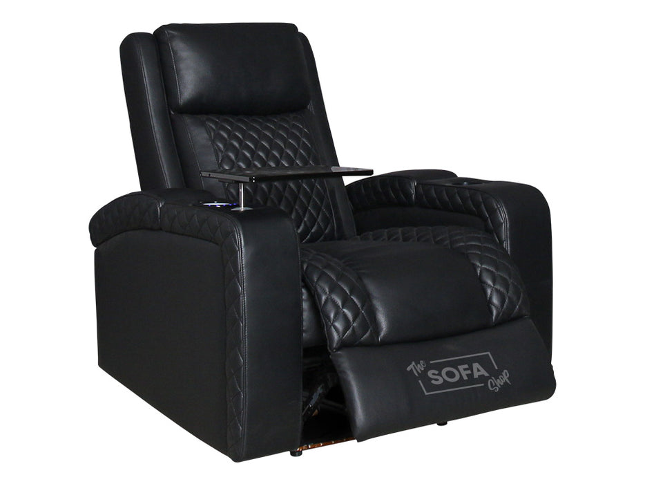 1 Seat Electric Recliner Chair Home Cinema Sofa | Real Leather Chair in Black + Power Headrest + Lumbar Support + Heat & Chill Cupholder + Table | Torino | The Sofa Shop