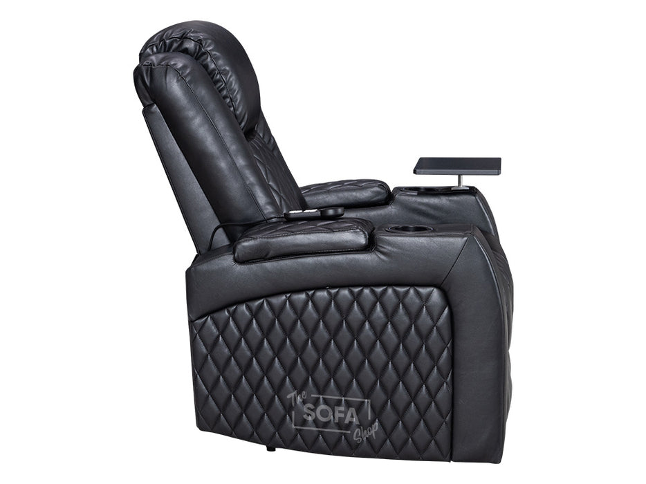 Electric Recliner Chair & Cinema Seat in Black Leather with USB, Drinks Holder, Table & Lights - Pavia