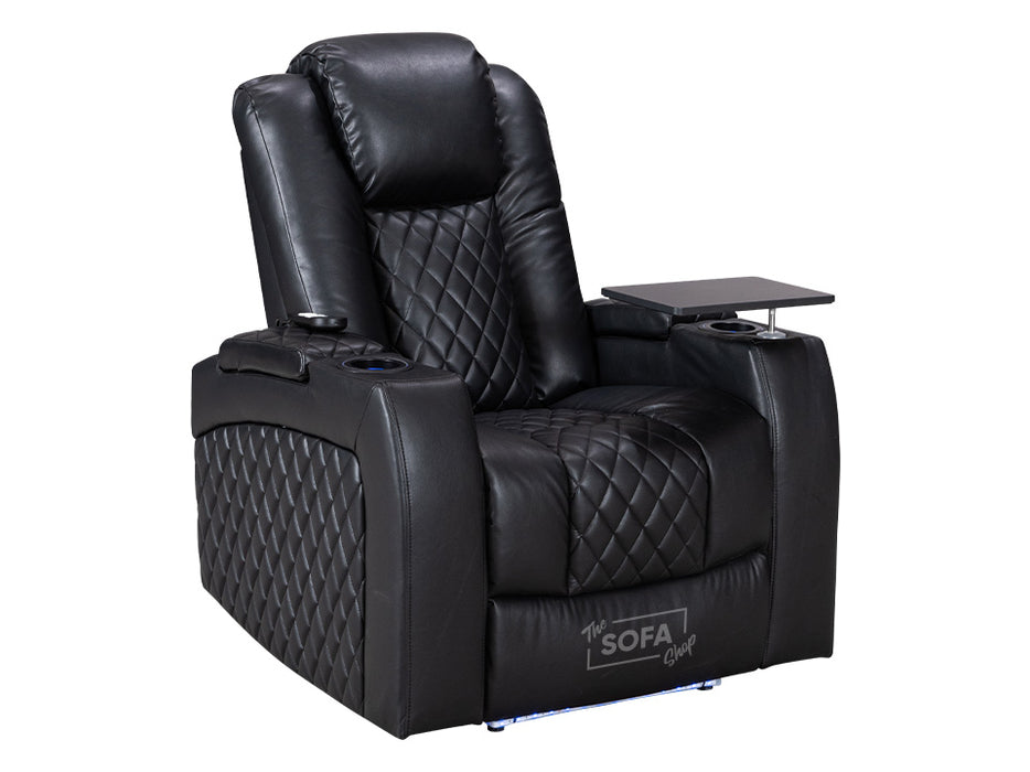 Electric Recliner Chair & Cinema Seat in Black Leather with USB, Drinks Holder, Table & Lights - Pavia