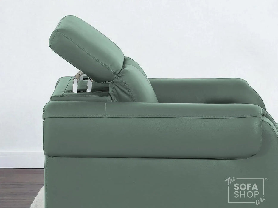 Real Leather Electric Recliner Chair In Green | Hi-Tech Chair with Massage, Power Headrest + USB Charging Ports | Turin