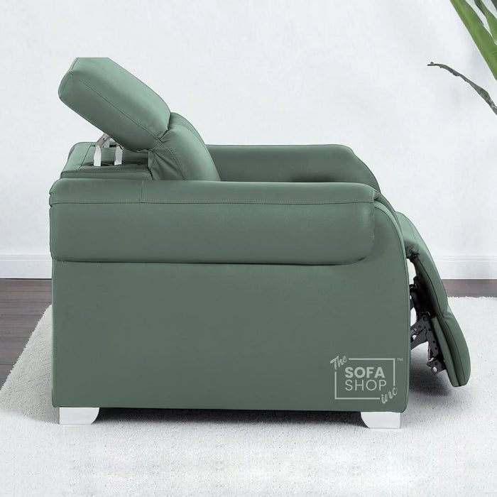 Real Leather Electric Recliner Chair In Green | Hi-Tech Chair with Massage, Power Headrest + USB Charging Ports | Turin