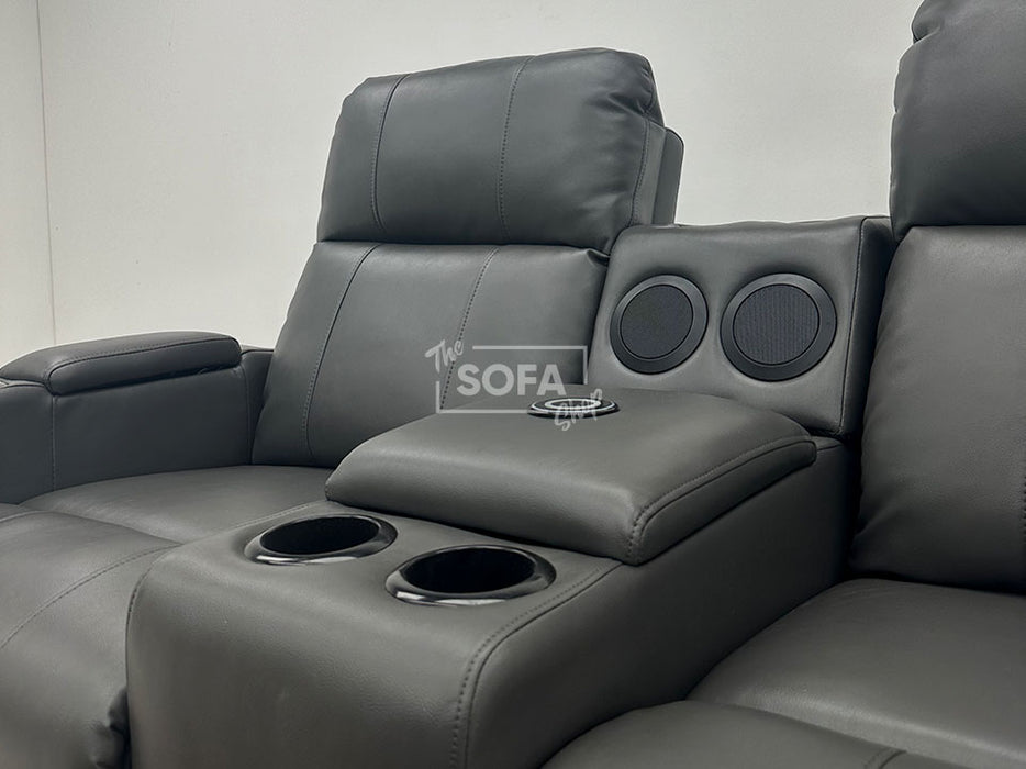 Modena 2 Seater Hi-Tech Cinema Sofa Electric Smart Recliner in Grey Leather with Console, USB & Massage - Reading Lamp Missing - Second Hand Sofas