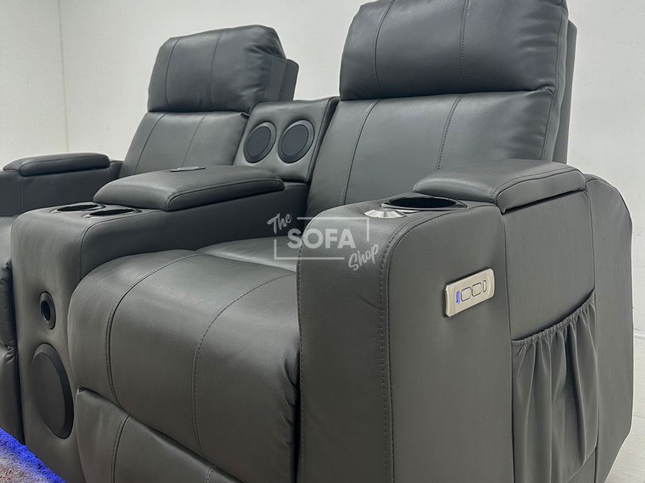 Modena 2 Seater Hi-Tech Cinema Sofa Electric Smart Recliner in Grey Leather with Console, USB & Massage - Reading Lamp Missing - Second Hand Sofas