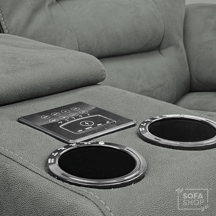 2 Seater Grey Fabric Electric Recliner Cinema Sofa | Power Functions, Bluetooth Speakers, Wireless Charging & Storage | Tuscany | The Sofa Shop