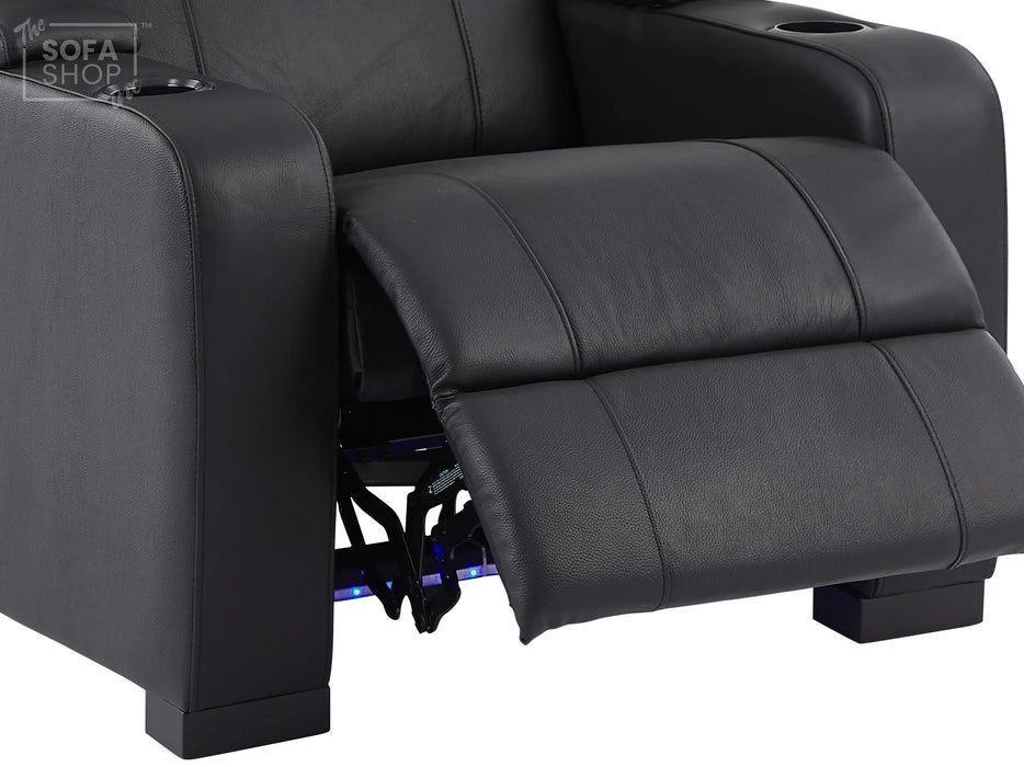 Electric Recliner Chair & Cinema Seat in Black Real Leather with USB, LED Lights and Chilled Cupholders - Rimini