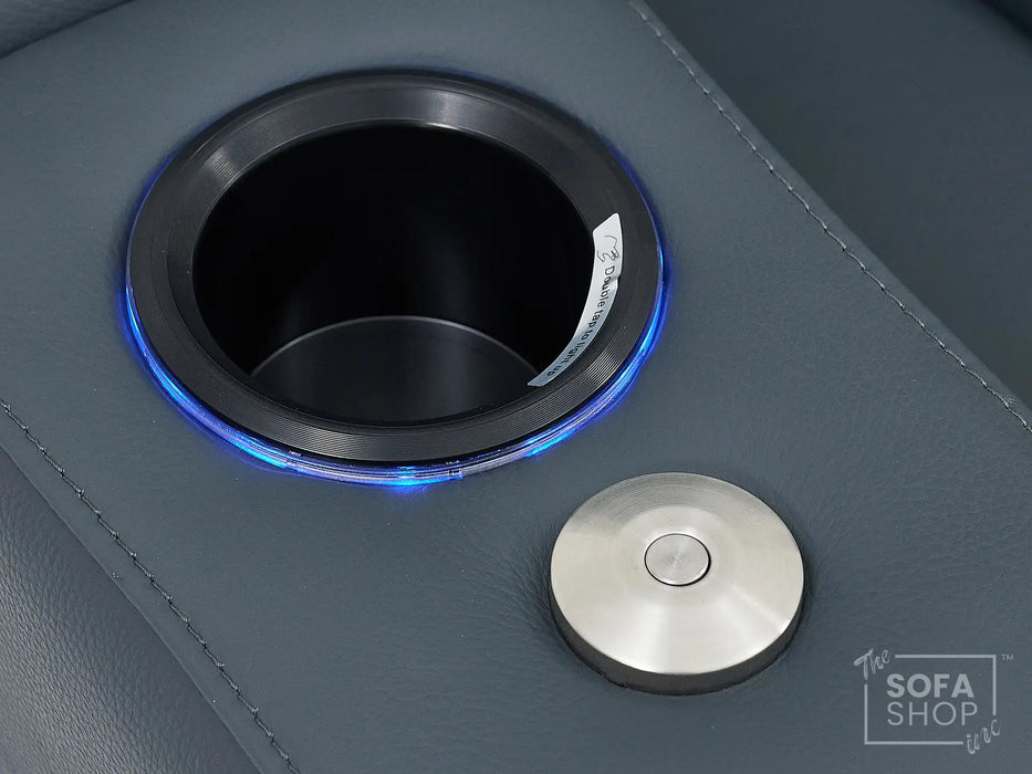 3 Seater Real Leather Recliner Sofa In Blue | Cinema Sofa with Massage, Heating, USB Ports, Drop-Down Table, LED Lights & Massage | Capri | The Sofa Shop