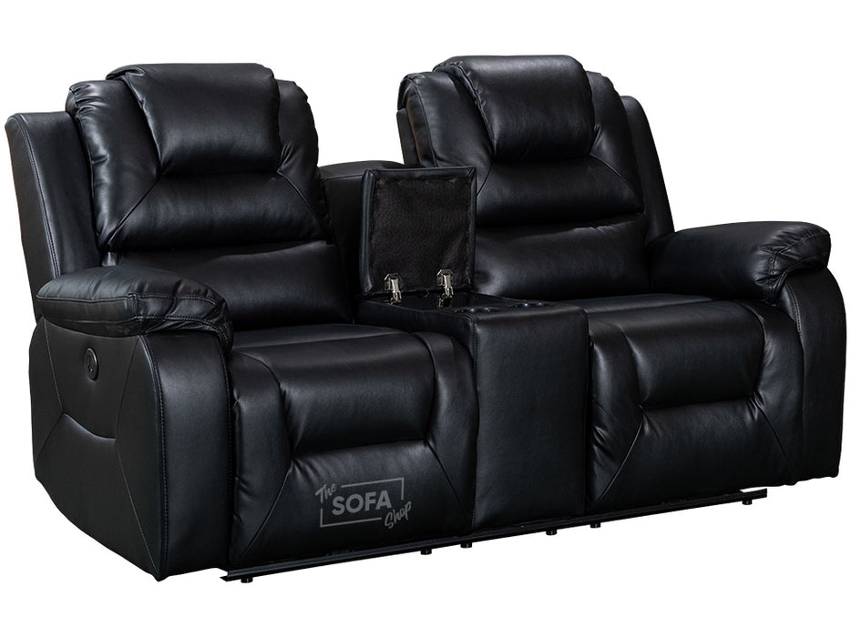 2 1 1 Electric Recliner Sofa Set inc. Chairs in Black Leather with USB Ports, Storage & Cup Holders - 3 Piece Vancouver Power Sofa Set