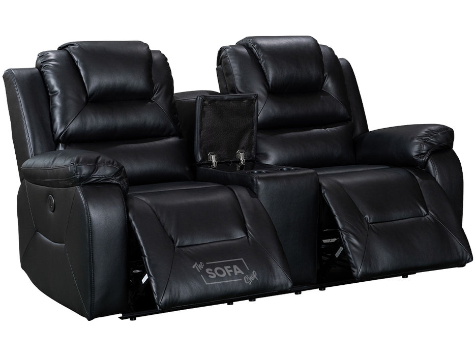 2+1 Electric Recliner Sofa Set inc. Chair Set in Black Leather with Storage & USB Ports & Wireless Charger - Vancouver