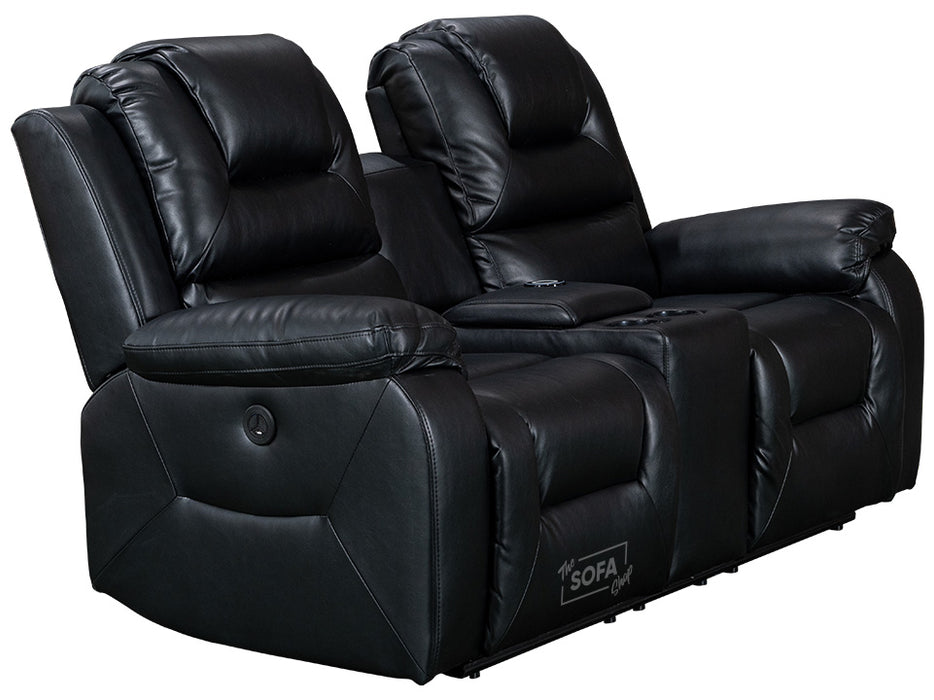 2 Seater Electric Recliner Sofa in Black Leather with USB Ports & Cup Holders - Vancouver