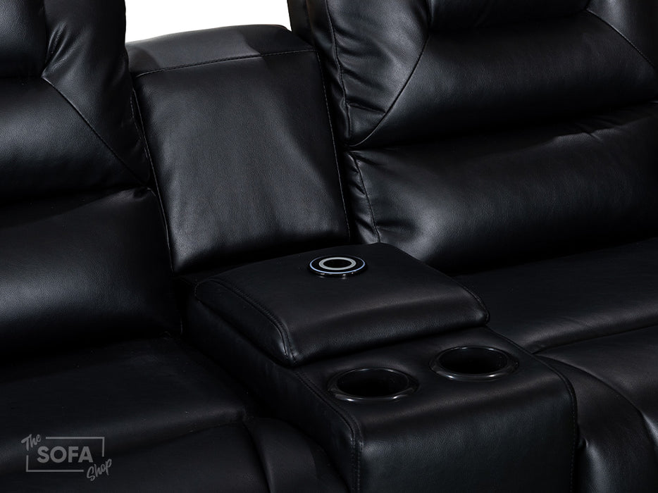 2 Seater Electric Recliner Sofa in Black Leather with USB Ports & Cup Holders - Vancouver
