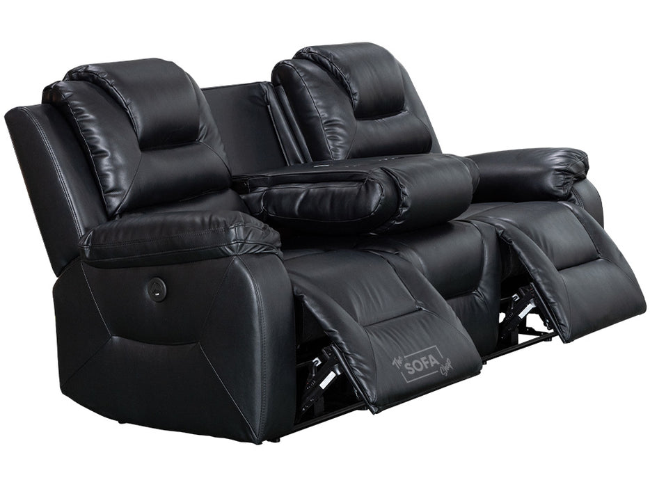 3+1 Electric Recliner Sofa Set inc. Chair in Black Leather with Drop-Down Table & Cup Holders & Wireless Charger - 2 Piece Vancouver Power Sofa Set