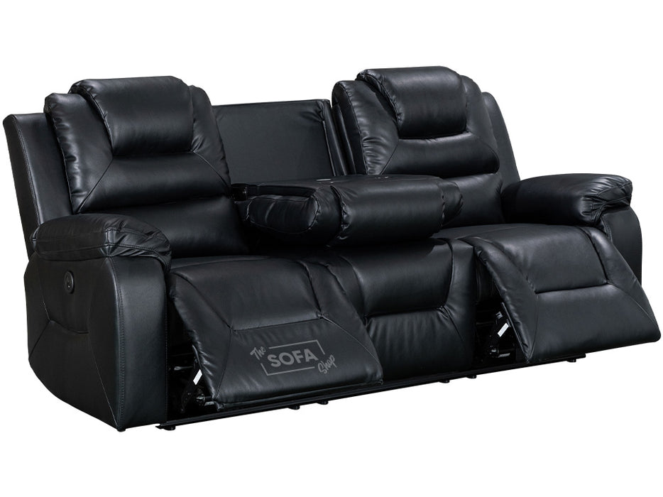 3 Seater Electric Recliner Sofa in Black Leather with Drop-Down Table, Cup Holders & USB Port - Vancouver