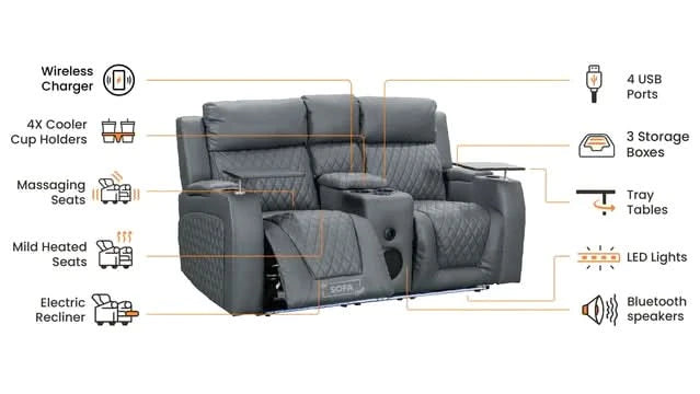 2-Seater Electric Recliner with Power, Massage, and Console | Smart Cinema Sofa in Grey Leather | Venice | Sofa Sale