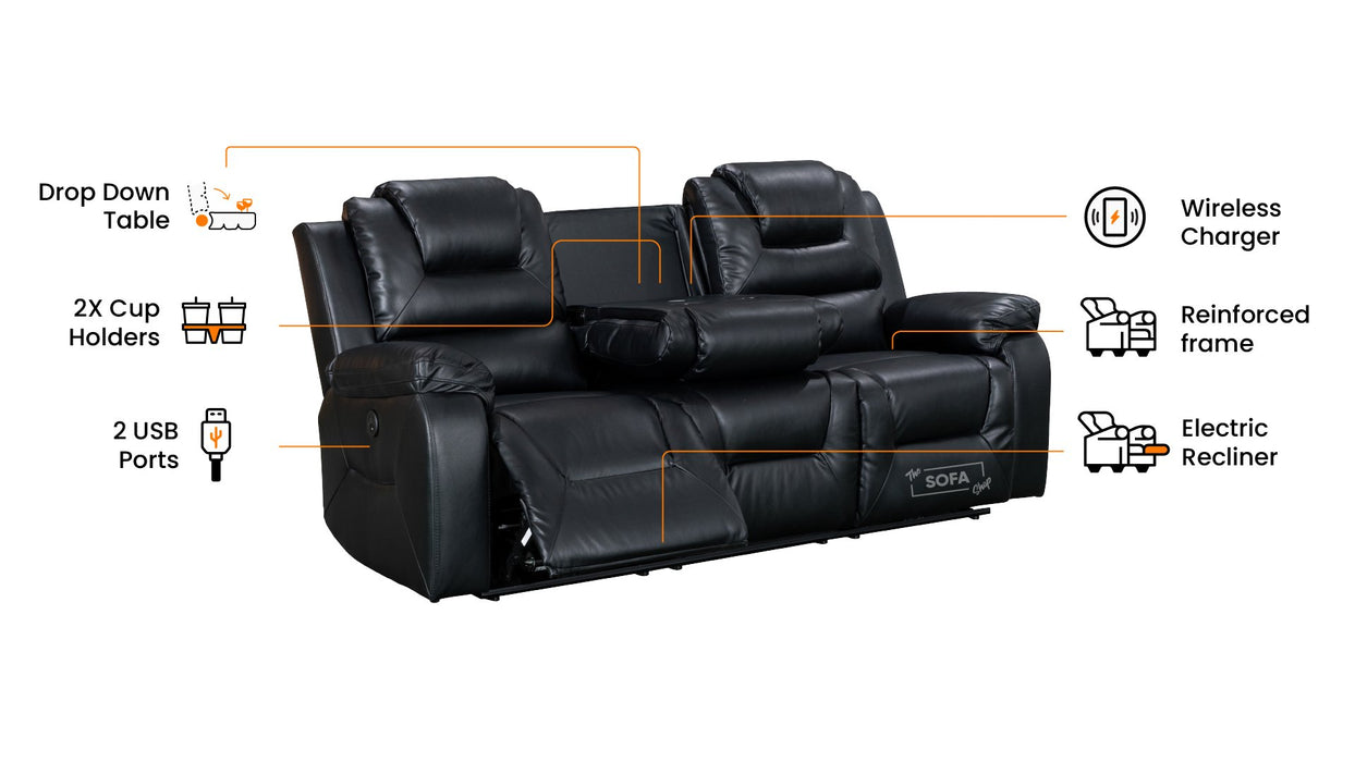 3+3 Electric Recliner Sofa Set & Leather Sofa Package. Black 2 Piece Suite with Console & USB Ports & Cup Holders - Vancouver
