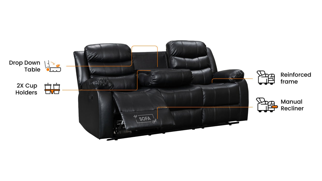 3 2 Recliner Sofa Set. 2 Piece Recliner Sofa Package Suite in Black Leather with Drop-Down Table & Drink Holders- Sorrento