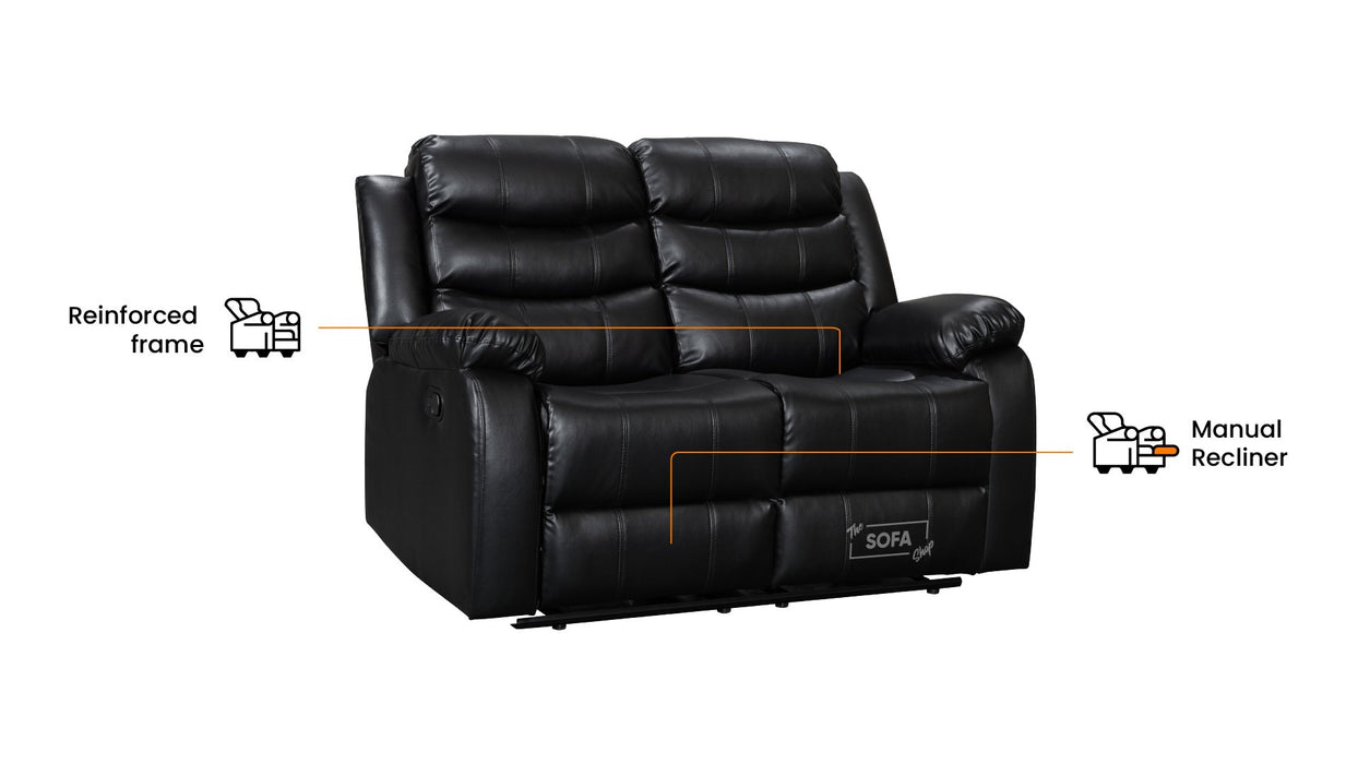 2 Seater Leather Recliner Sofa in Black - Sorrento