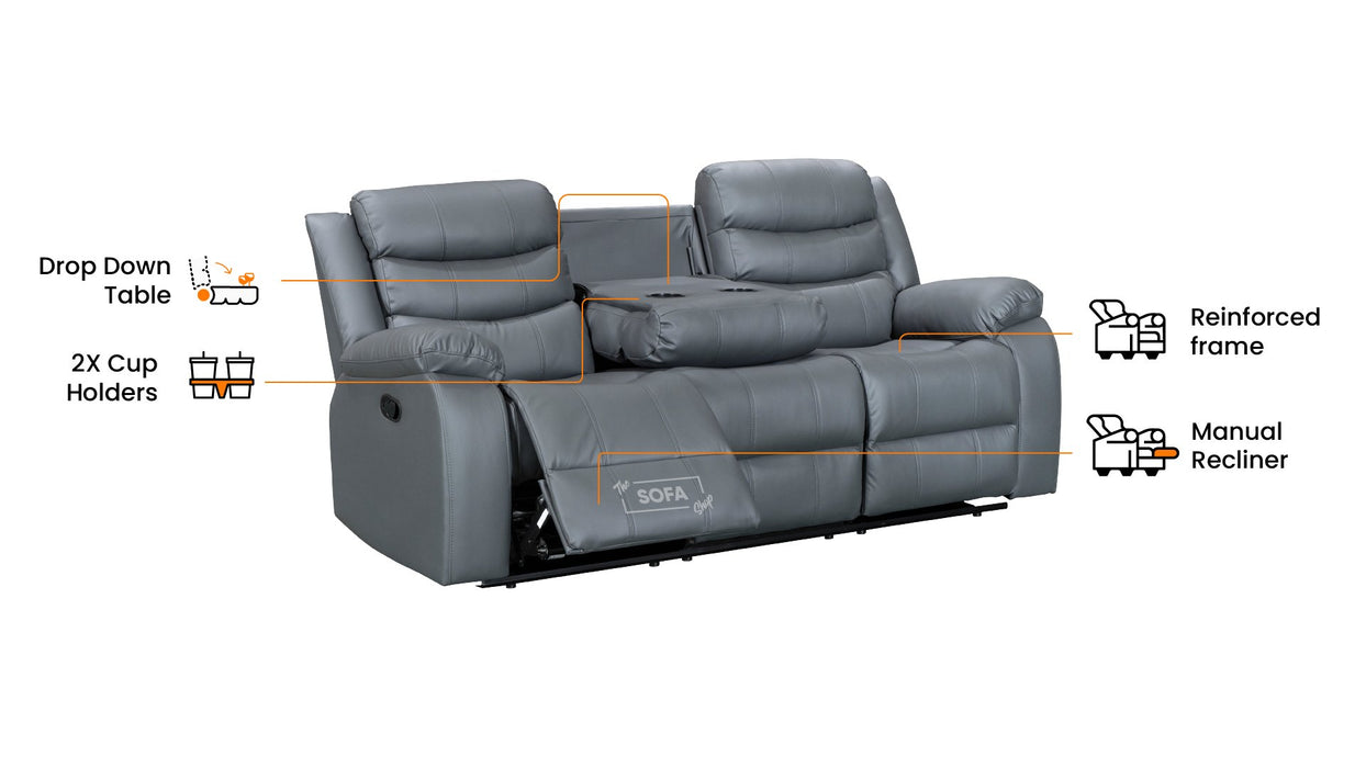3+3 Leather Sofa Set & Recliner Sofa Package in Grey With Drop-Down Table & Cup Holders - Sorrento