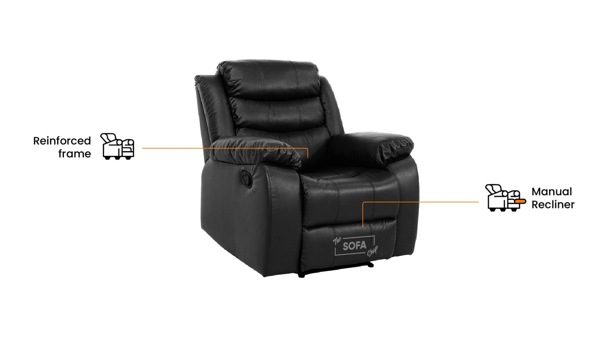 3 1 1 Recliner Sofa Set inc. Chairs in Black Leather with Drop-Down Table & Cup Holders- 3 Piece Sorrento Sofa Set