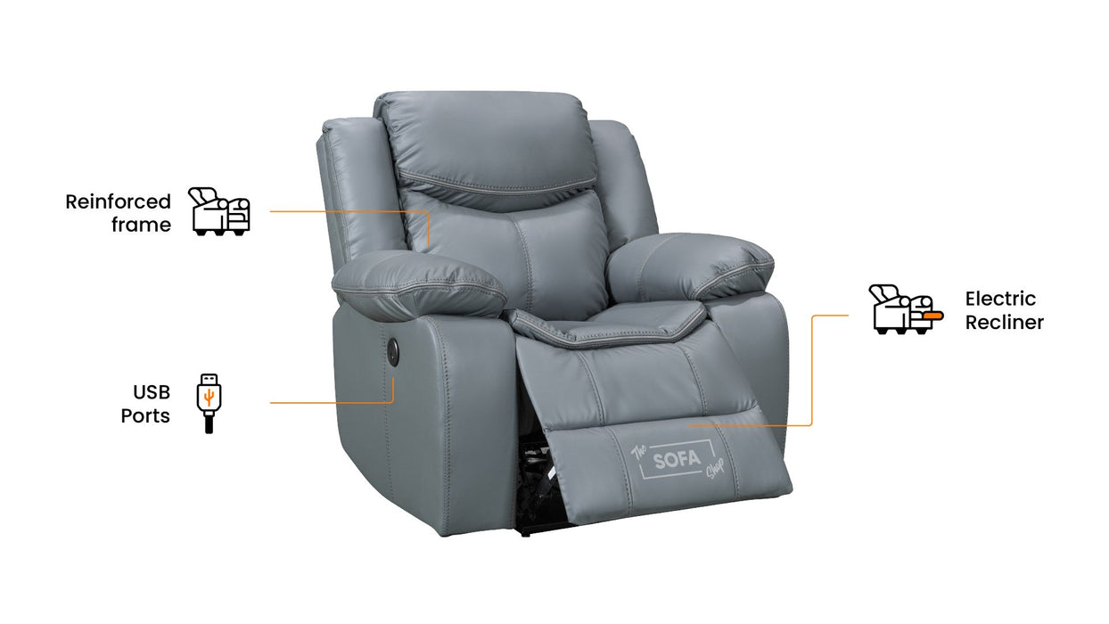 Electric Recliner Corner Sofa and Chair Set in Grey Leather with Console, Cup Holders & Wireless Charger - Highgate