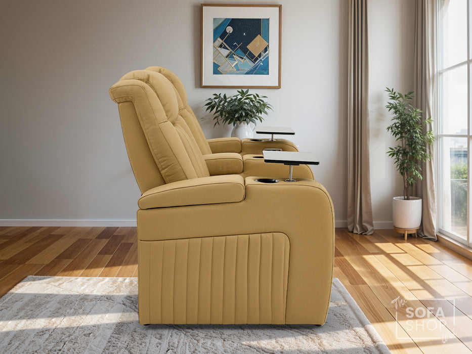 2 Seater Real Leather Power Recliner Sofa in Tan | Cinema Sofa with Console & USB Charging, Cup Holders, Storage, LED Lights & Massage | Capri