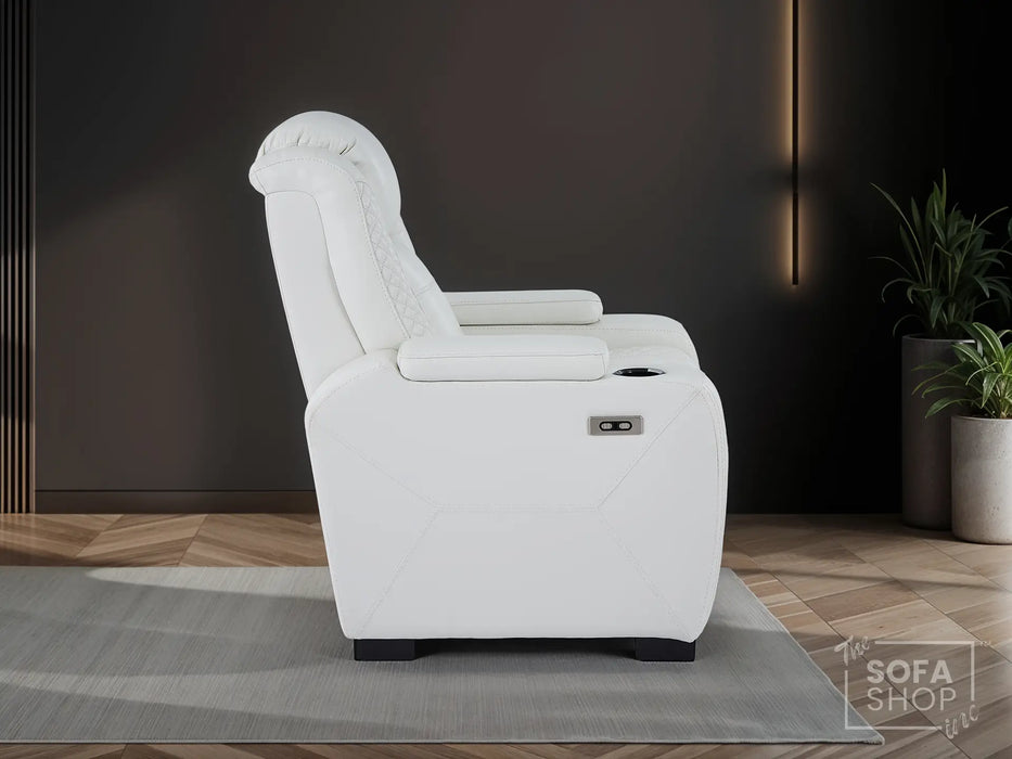 3+1 Real Leather Sofa Set. Two piece Sofa with Power Headrest, USB Ports, Electric Reclining, Massage Seats, Socket Set & Storage Drawer | White Leather | Napoli