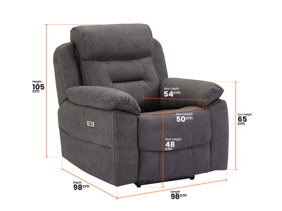Electric Recliner Chair in Black Fabric with USB Port & Power Headrest - Florence