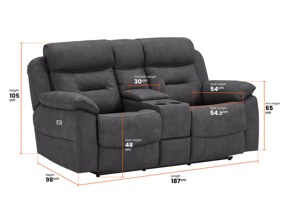 2 Seater Electric Recliner Sofa In Black Resilience Fabric With Power Headrest, Chilled Cup Holders & Storage Box - Florence