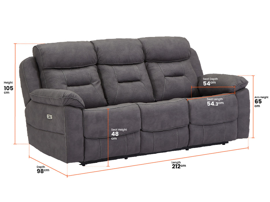 3 2 1 Electric Recliner Sofa Set. 3 Piece Recliner Sofa Package Suite in Black Fabric with Storage & Cup Holders & Power Headrest - Florence