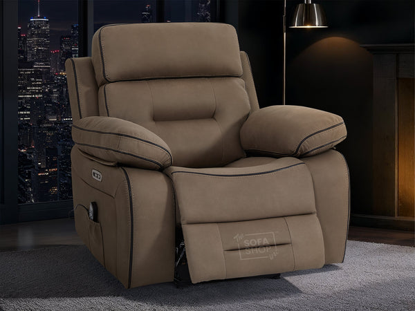 Fabric Electric Recliner | Smart 1 Seater Chair in Brown | Home Theatre Seating With Massage & USB Port & Power Headrest | Sicily | The Sofa Shop