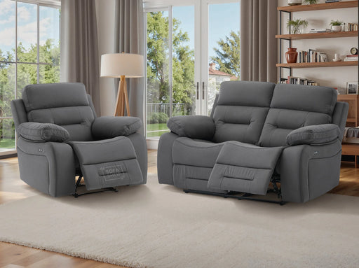 2+1 Electric Recliner Sofa Set inc. Chair in Grey Velvet with Power Recliners & USB Ports- 2 Piece Foster Power Sofa Set