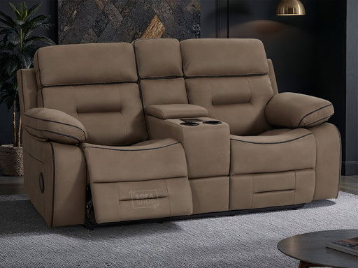 2 Seater Cinema Reclining Sofa in Brown Fabric with Console, Power Headrest, Power Recliner, Socket Set, USB & Wireless Charging | Sicily | Sofa Shop