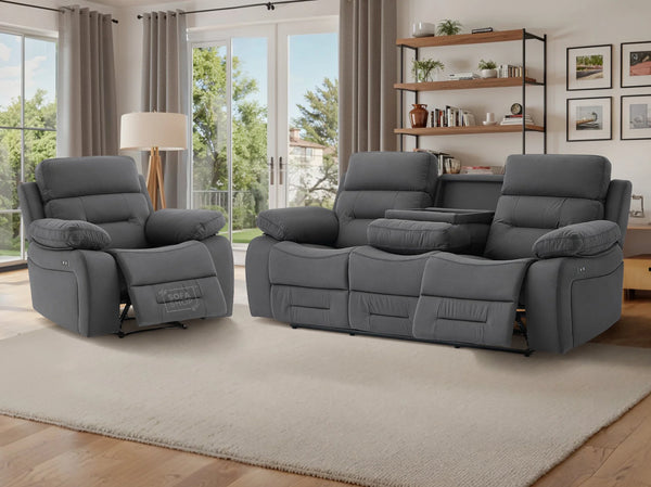 3+1 Recliner Sofa Set inc. Chair in Grey Velvet With Drop-Down Table & Cup Holders & USB Ports - 2 Piece Foster Power Sofa Set