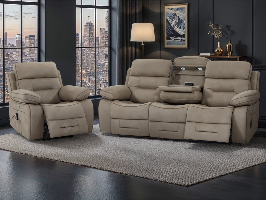 3+1 Seater Fabric Sofas with Drop-Down Table, Power Headrest, Power Recliner, Bluetooth, Socket Set, Storage Drawer, USB Port | Beige Fabric | Sicily | The Sofa Shop