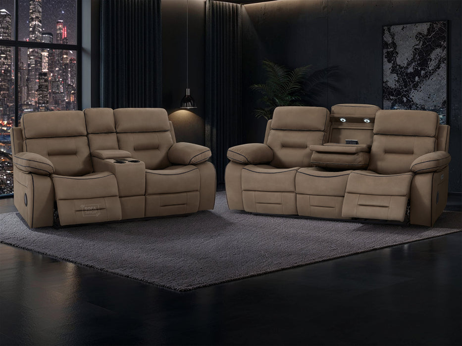 3+2 Seater Fabric Sofas with Drop-Down Table, Cup Holder, LED Reading Light, Power Headrest, Power Recliner, Bluetooth Speaker, Socket Set, Storage Drawer & Wireless Charger | Brown Fabric | Sicily | The Sofa Shop