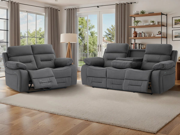 3 2 Electric Recliner Sofa Set. 2 Piece Recliner Sofa Package Suite in Grey Velvet Fabric With USB Ports & Drink Holders & Drop Down Table- Foster